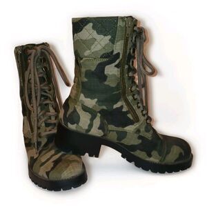 Green Camo Combat Boots Womens 7 Chunky Heel Double Zip NYT By New York Transit